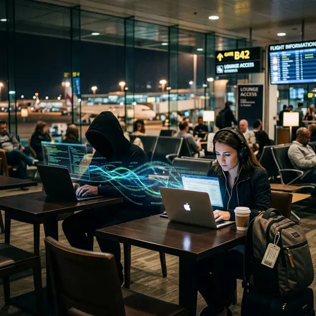 Hacker sitting in an airport terminal intercepting a captive portal login page on a laptop