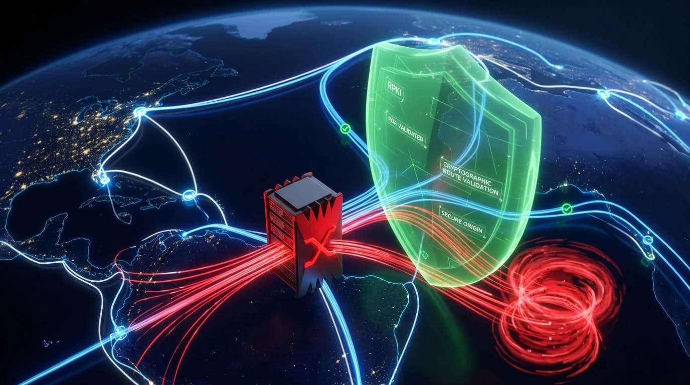 Internet fiber backbone where a red BGP router diverts traffic, blocked by green RPKI validation shield