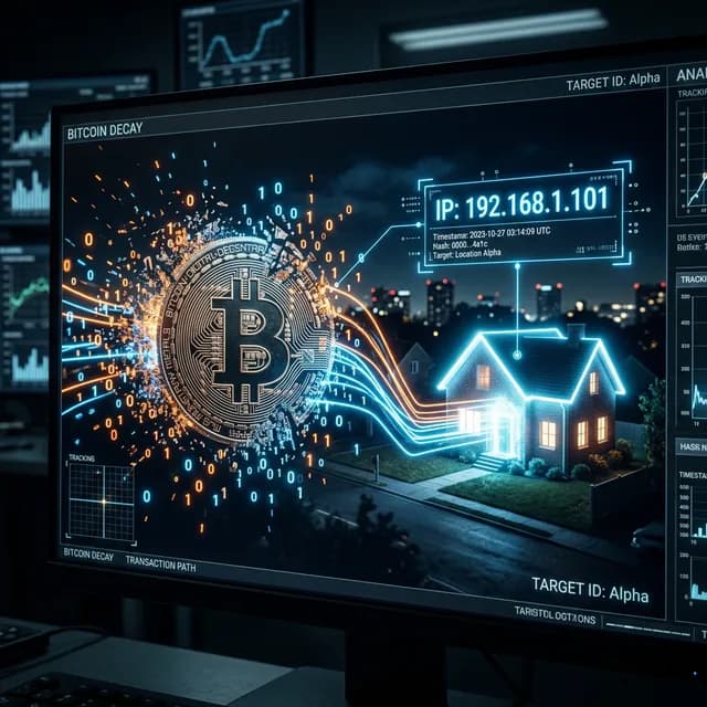 Digital bitcoin fragmenting with data streams leading directly to a physical house