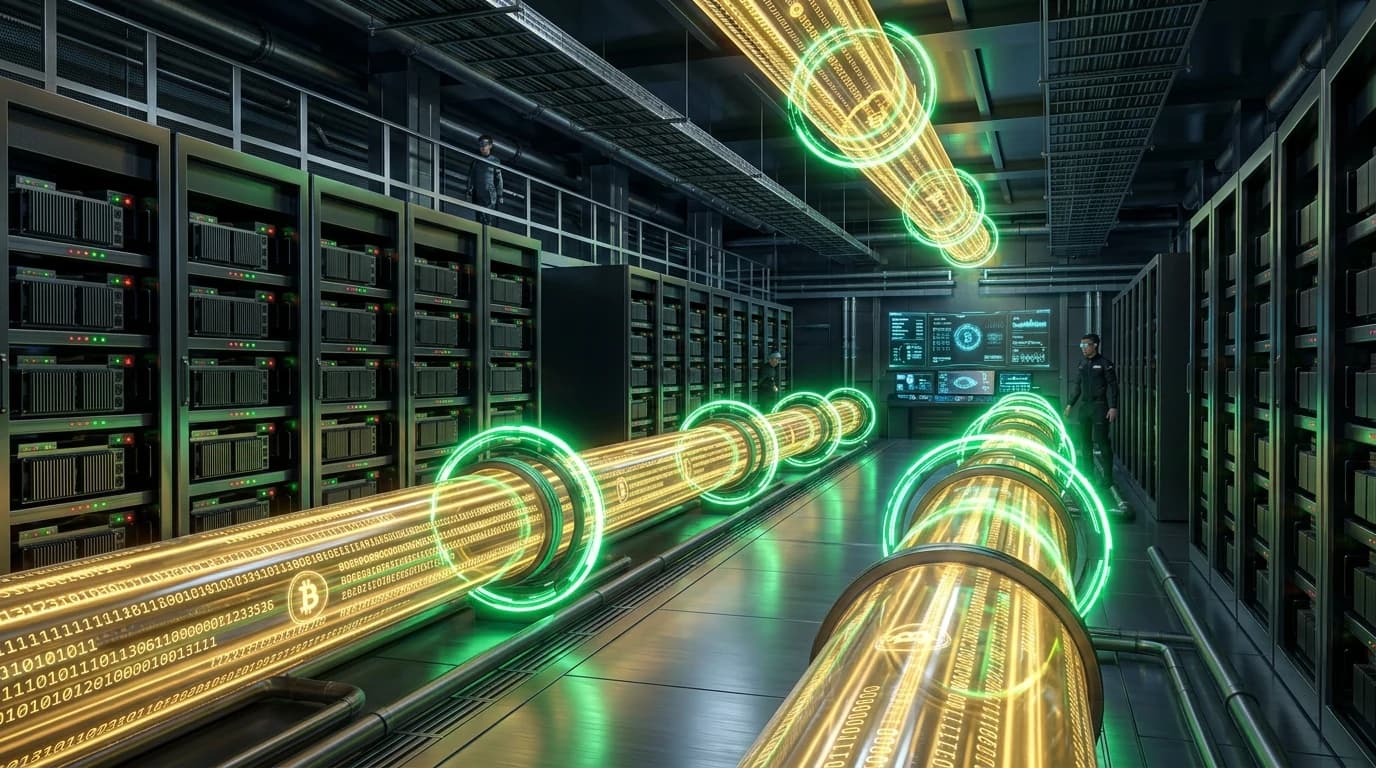 Bitcoin ASIC mining datacenter with glowing cryptographic data tunnels shielded by encryption