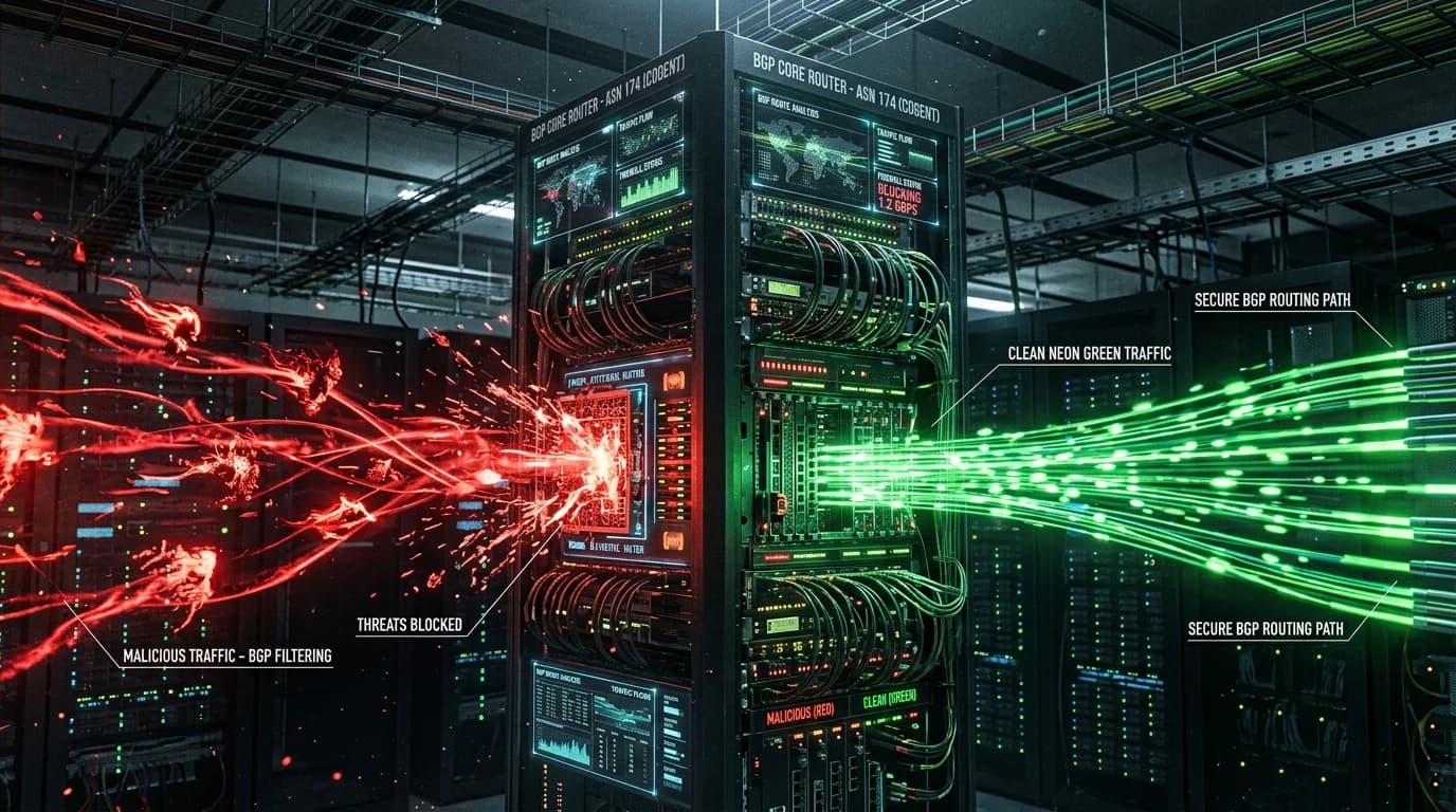Towering core internet BGP router filtering out malicious red ghost packets and passing clean green traffic