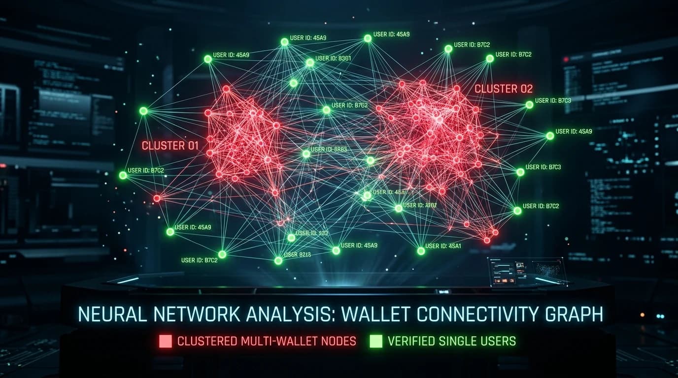 3D holographic neural graph highlighting clustered multi-wallet nodes in red and verified users in green