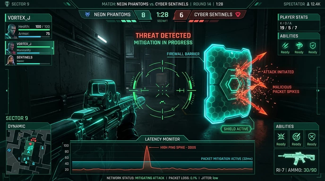 Esports tactical HUD displaying high packet latency neutralized by a cybernetic firewall