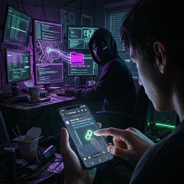 A glowing smartphone displaying an innocent link containing a hidden IP Logger fishhook