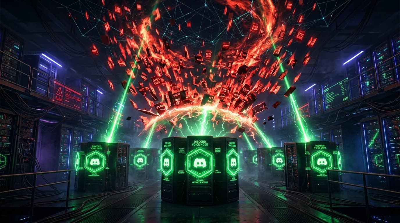 Cyberpunk server room with green Discord voice nodes defending against a massive red UDP packet storm