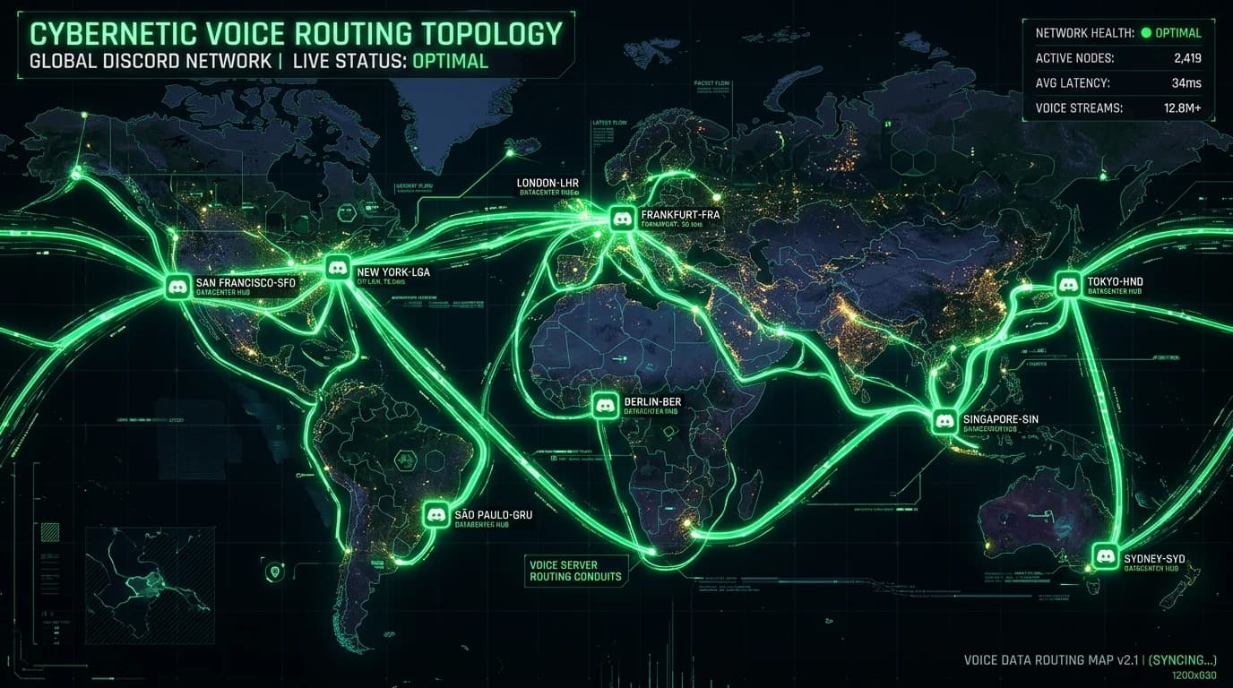 Cyberpunk world map with illuminated green glowing voice server routing conduits connecting Discord nodes
