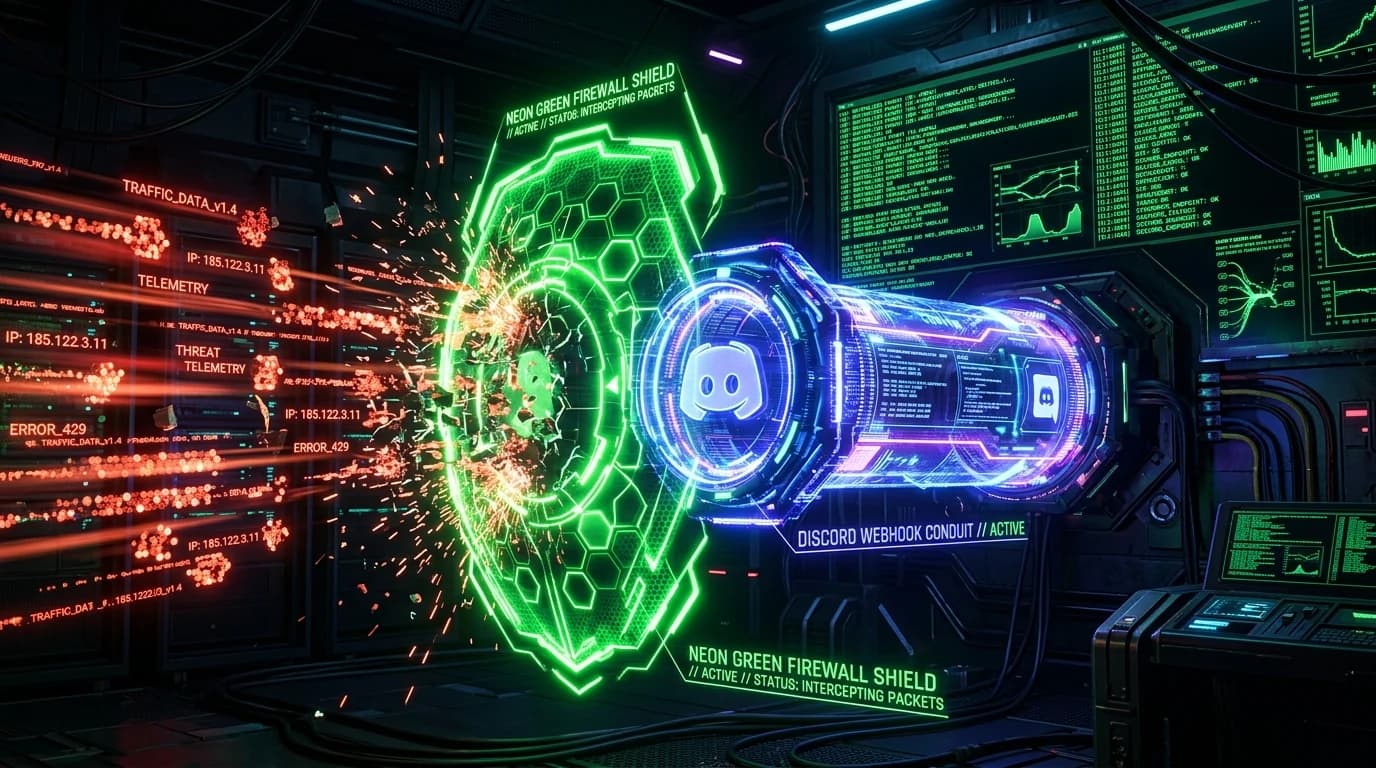 Glowing Discord webhook data conduit intercepted and blocked by a neon green firewall shield