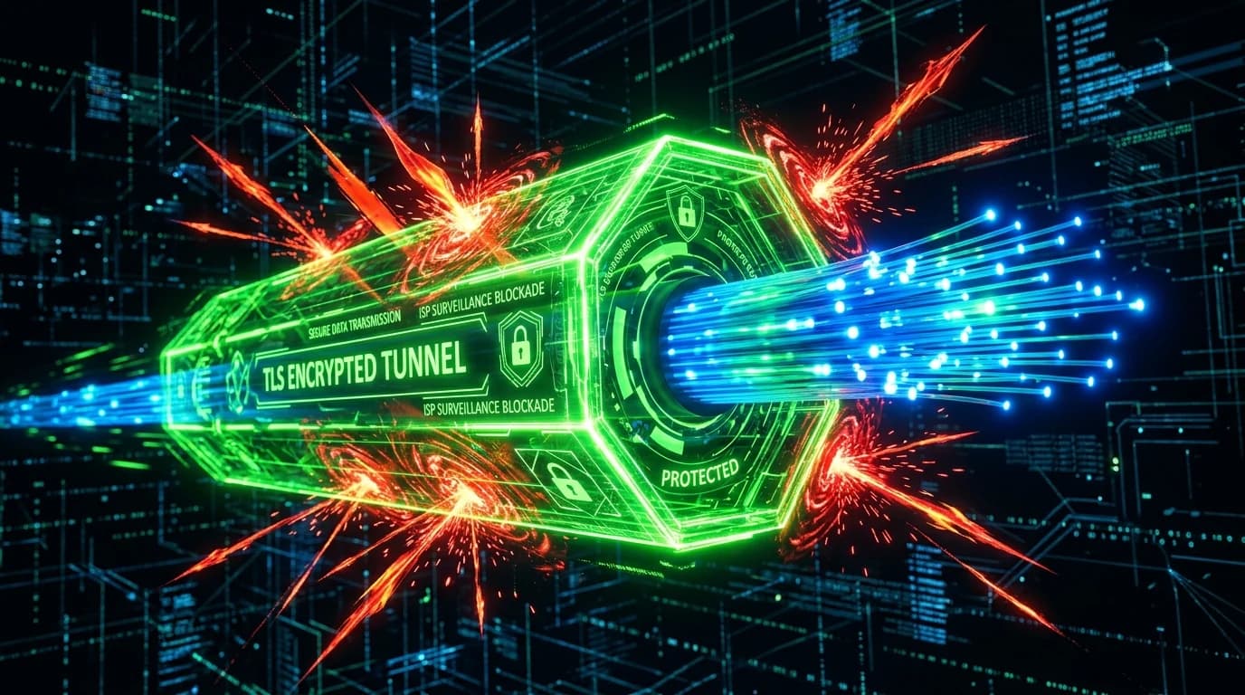 Fiber-optic network cable passing through an encrypted neon green TLS shield tunnel