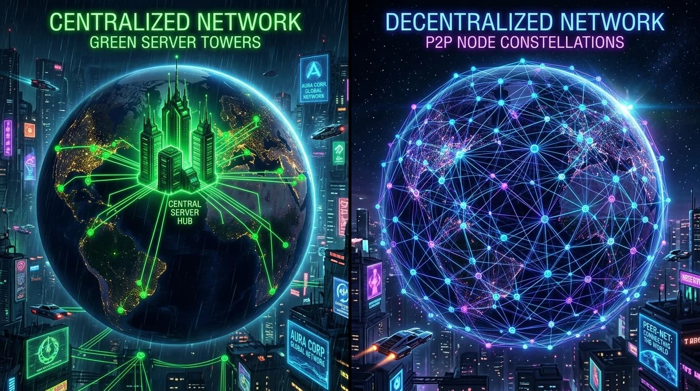 Two contrasting cyberpunk globe networks comparing centralized server towers with P2P constellations
