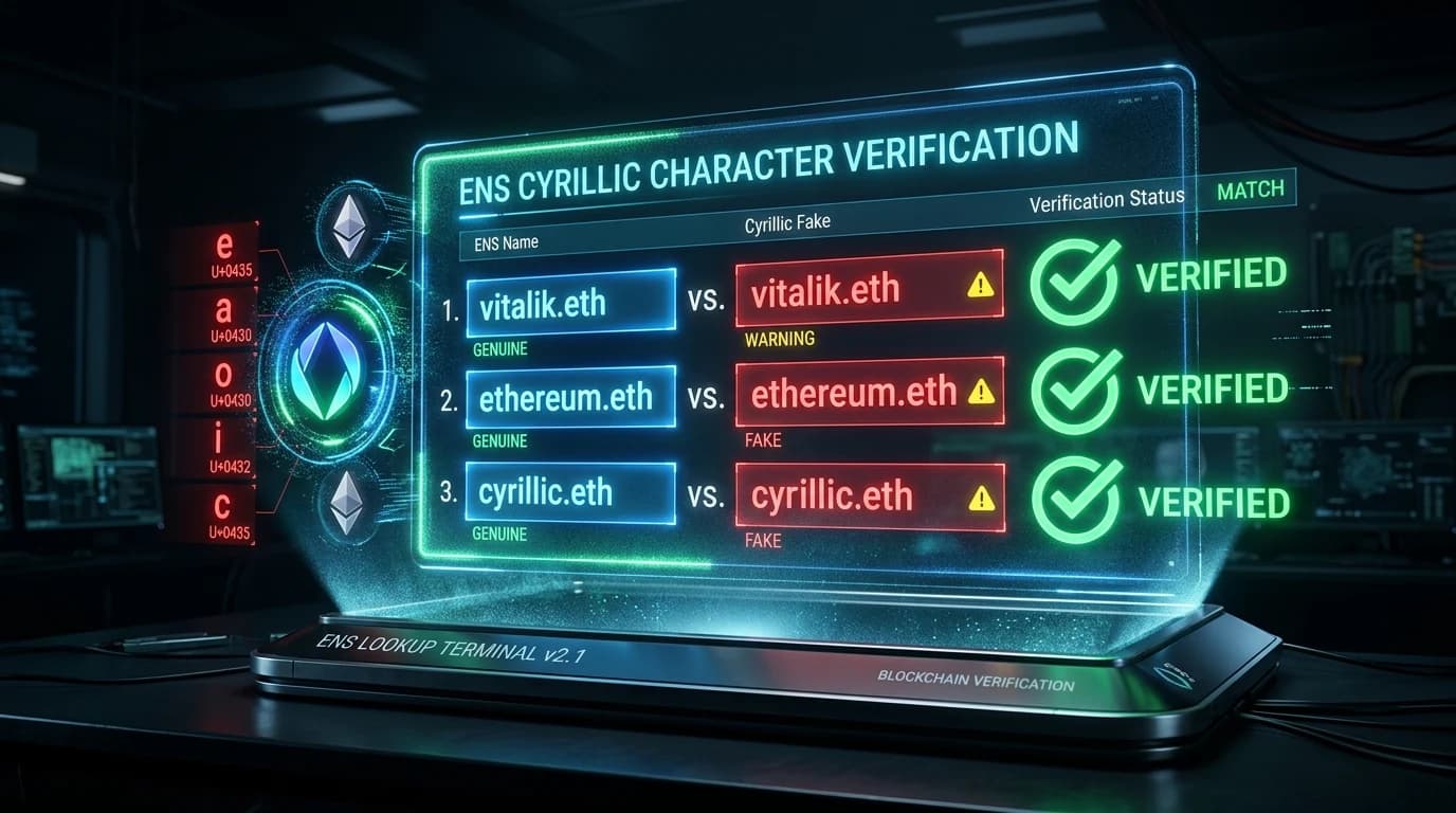 Holographic Ethereum Name Service lookup terminal comparing fake Cyrillic Unicode characters