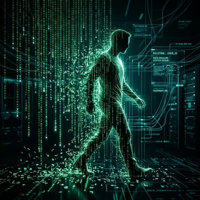 Digital silhouette dissolving into a green matrix, erasing the footprint