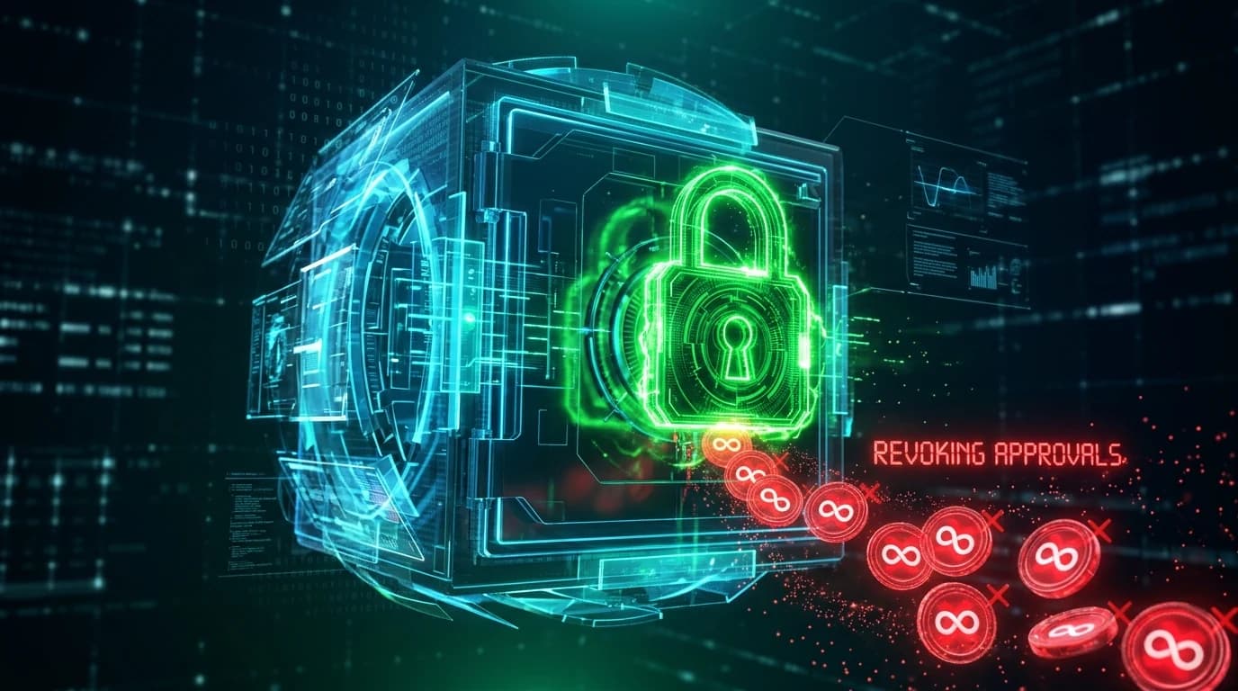 Cryptographic digital vault revoking infinite token approval permissions with green security lock