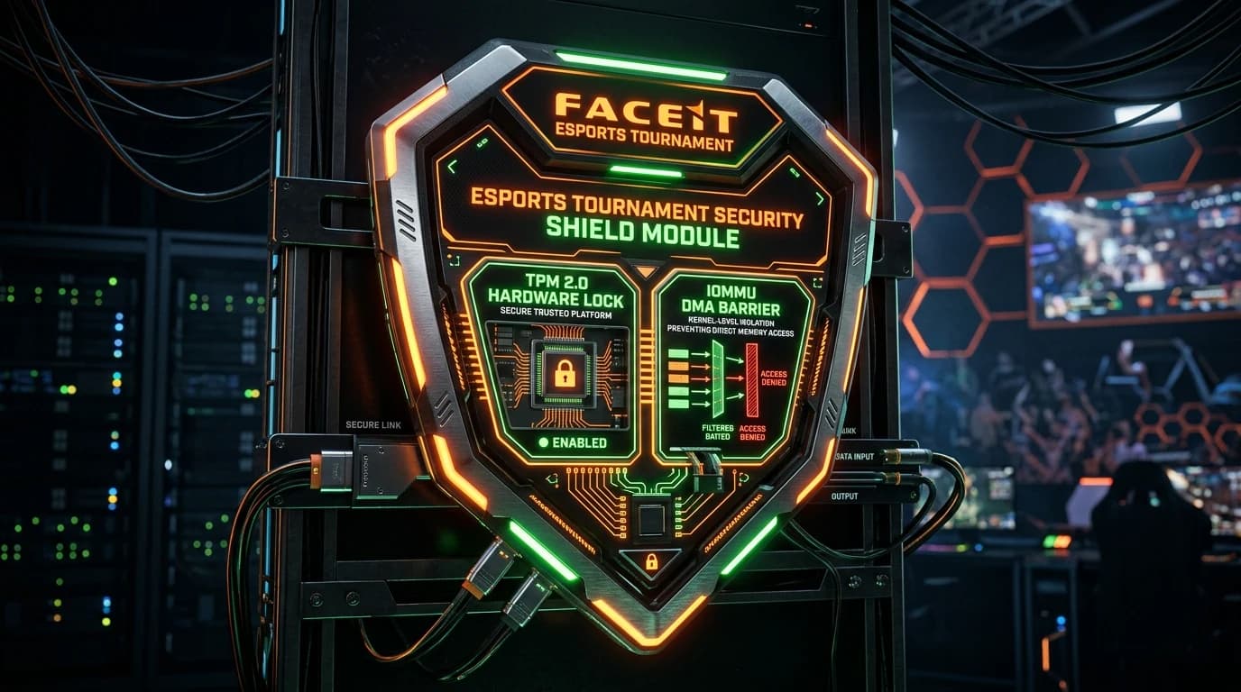 FACEIT esports tournament security shield with TPM 2.0 locks and IOMMU DMA barriers