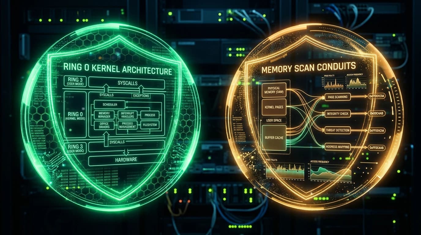Two glowing holographic cybernetic shields side-by-side displaying Ring 0 kernel architecture diagrams