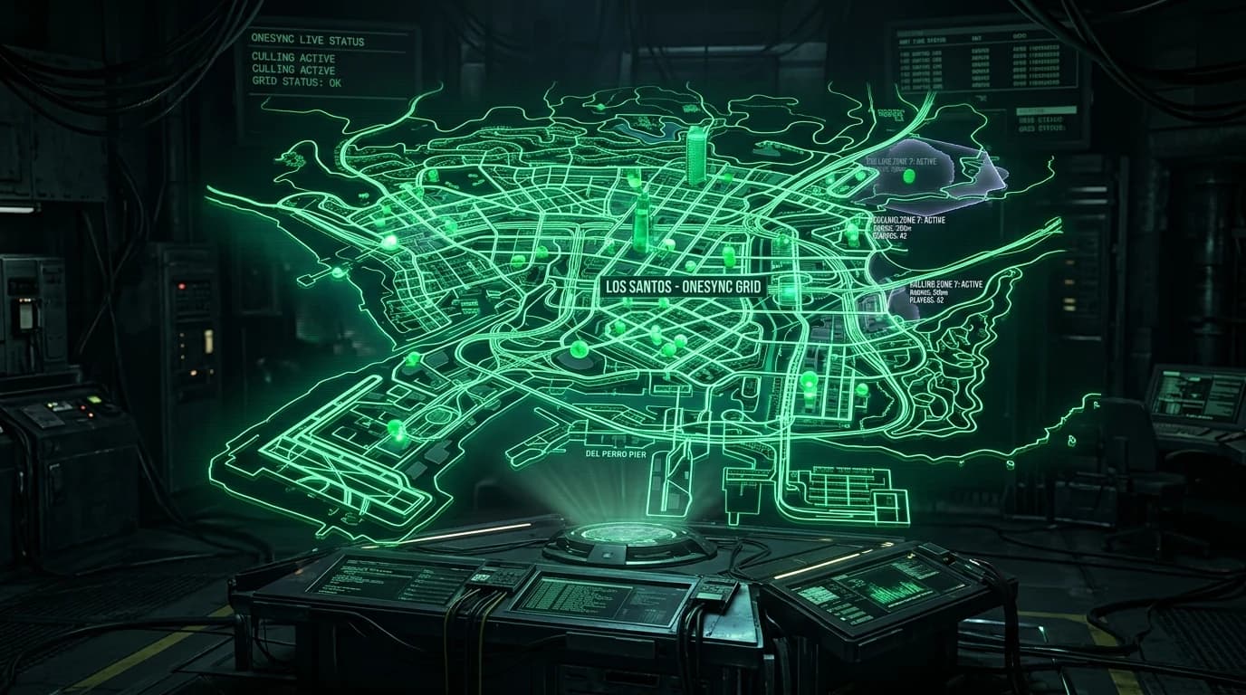 Futuristic 3D holographic Los Santos city grid showing glowing player spheres and culling bubbles