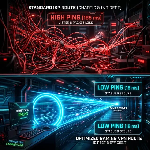 Split screen showing a chaotic tangled red ISP route vs a straight glowing blue Gaming VPN route
