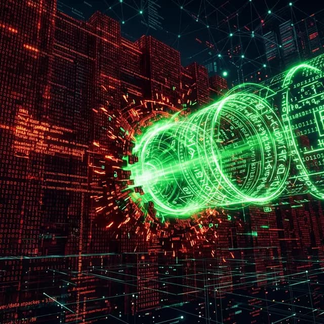 Glowing green encrypted tunnel drilling through a massive digital fortress wall of red code