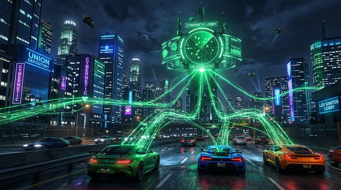 Dark futuristic cityscape at night with glowing green network traces connecting player sports cars to a radar