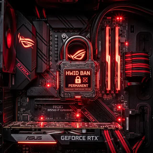 Glowing red warning lights on a modern gaming motherboard, locked with a digital padlock symbolizing an HWID ban