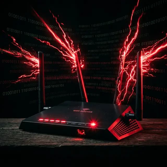 Home Wi-Fi router emitting malicious red signals in a dark matrix