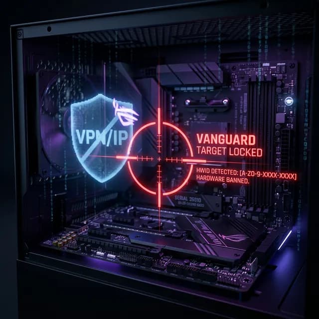 A futuristic sniper crosshair locking onto a motherboard's serial number, bypassing a VPN shield