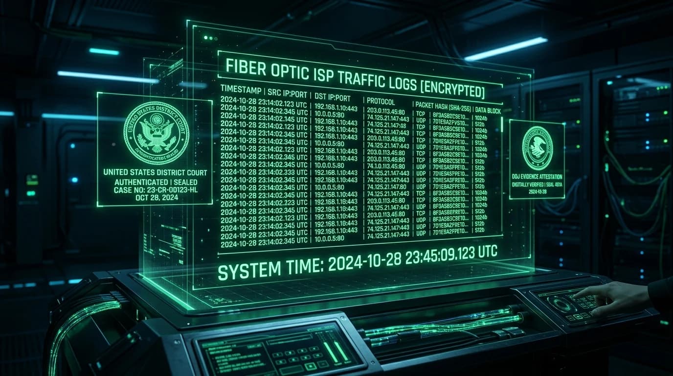 Dark holographic legal terminal displaying encrypted ISP logs, court attestation stamps, and timestamps