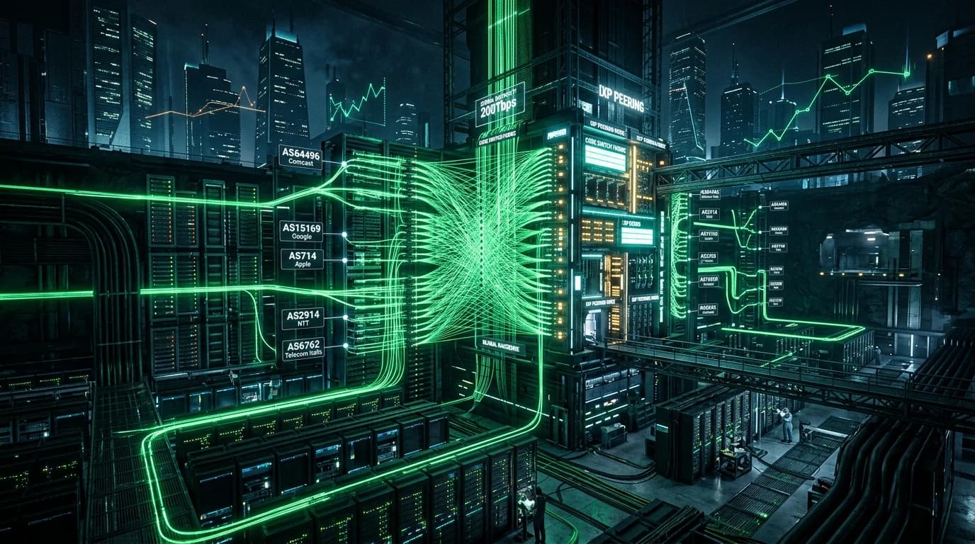 Global Internet Exchange Point datacenter core with glowing green fiber optics interconnecting ASNs