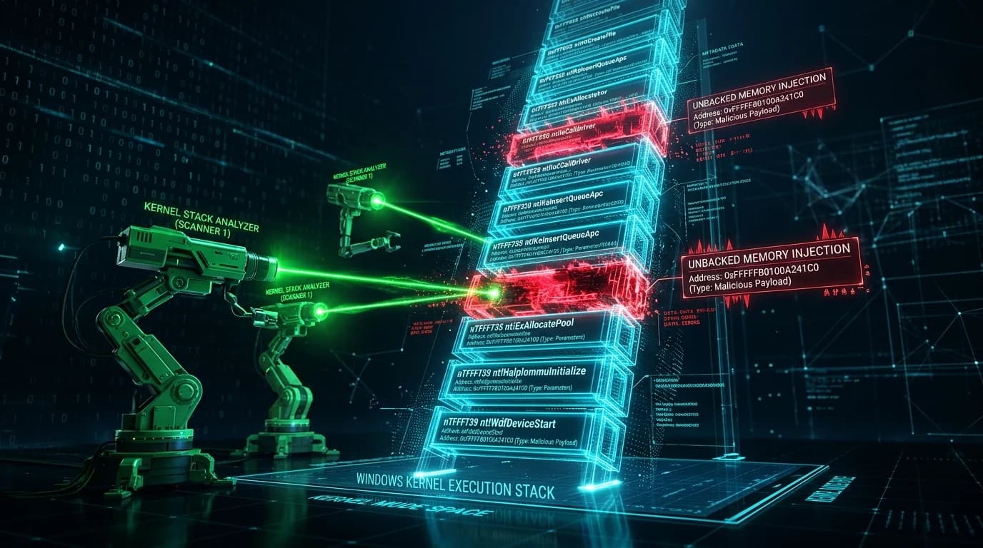 3D ladder representing Windows kernel execution stack frames with green analytical scanners