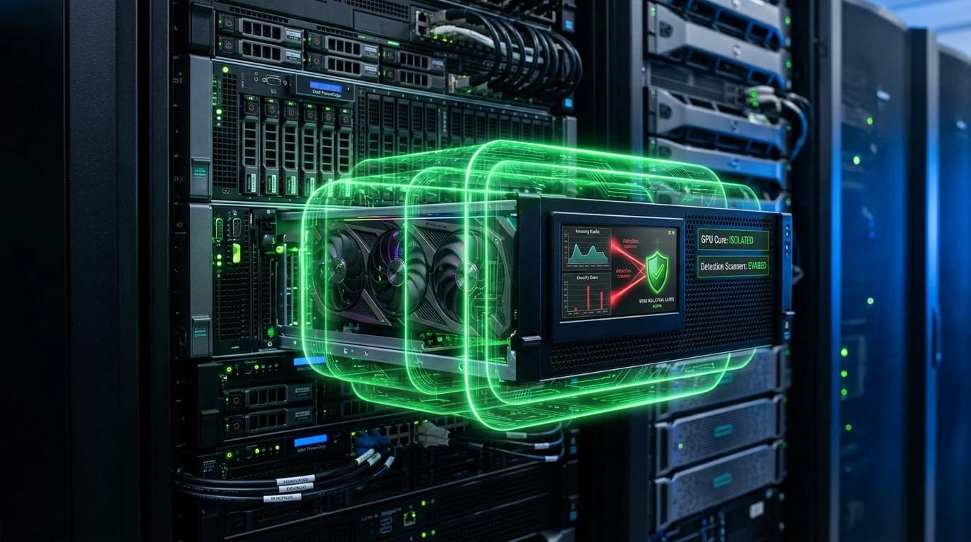 Server rack with green KVM virtualization layers isolating a gaming GPU core