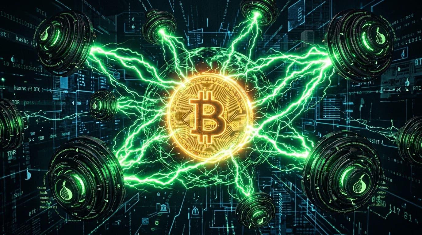 Glowing 3D Bitcoin core surrounded by rapid green lightning conduits connecting to Tor onion relays