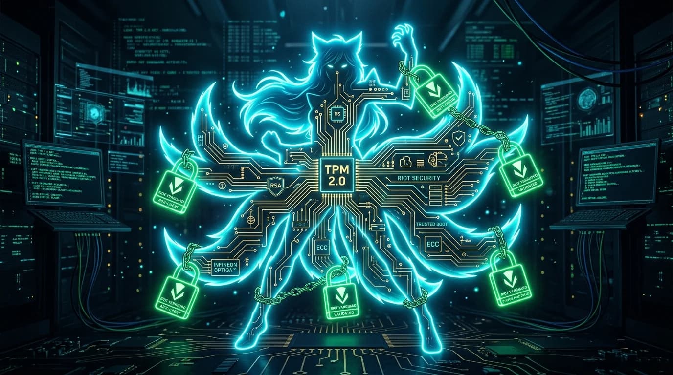League of Legends champion silhouette overlaid with cryptographic TPM 2.0 microchip circuits and Vanguard locks