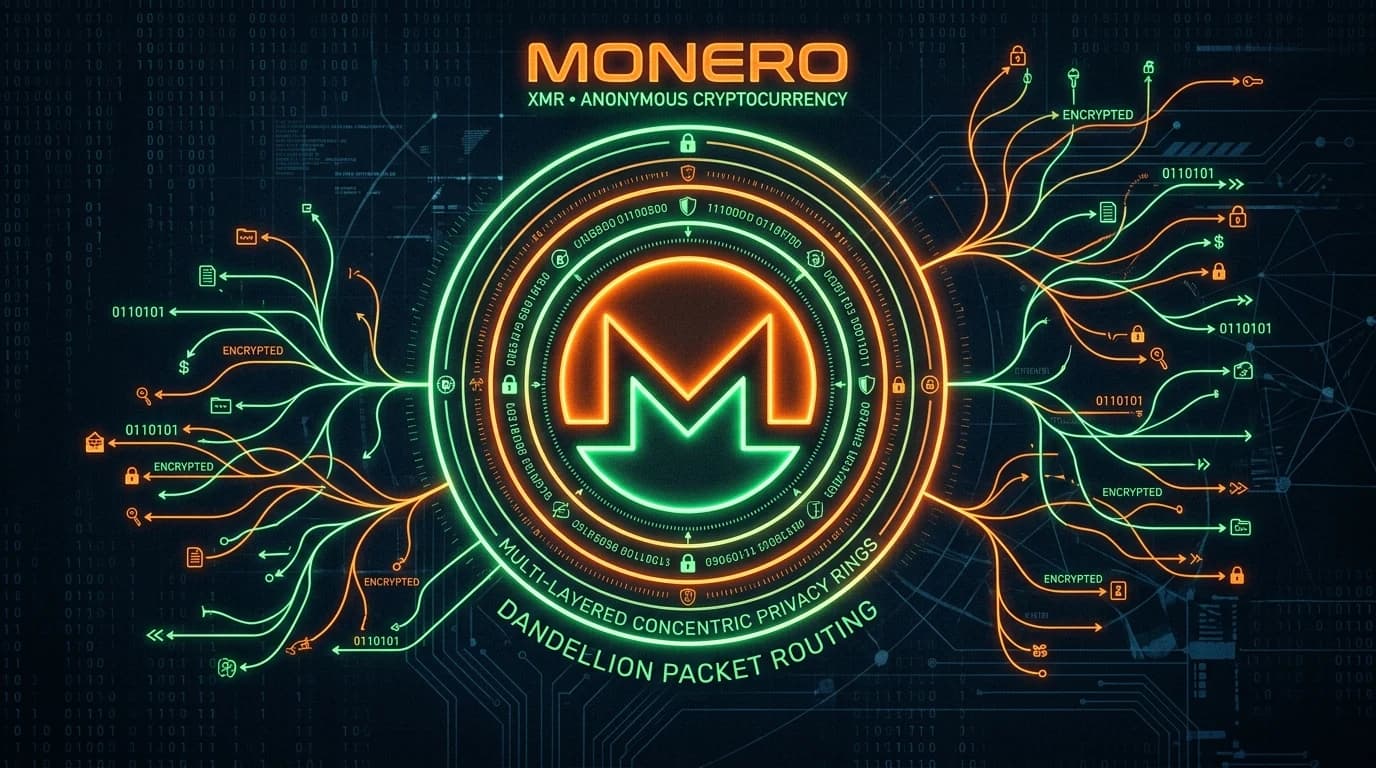 Glowing Monero emblem enclosed in concentric privacy rings with encrypted dandelion stem packet routes