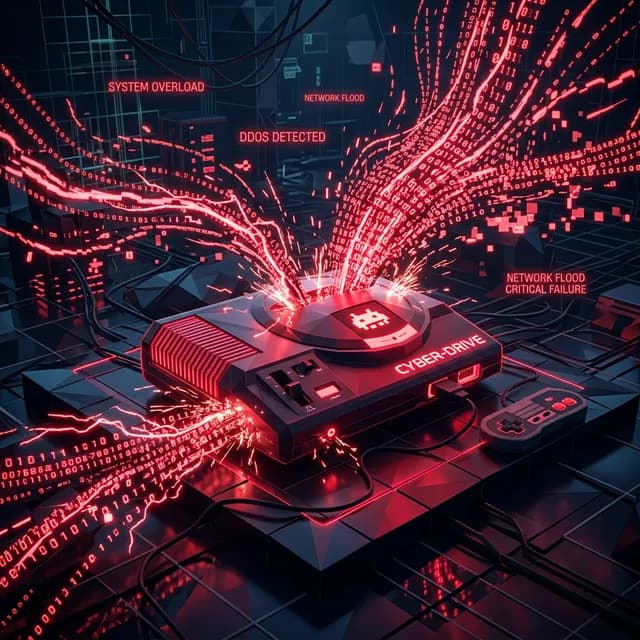 A retro-futuristic video game console being aggressively overwhelmed by red digital data streams