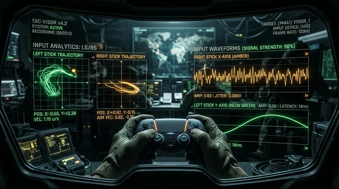 Holographic tactical FPS visor analyzing digital controller stick trajectories and input waveforms