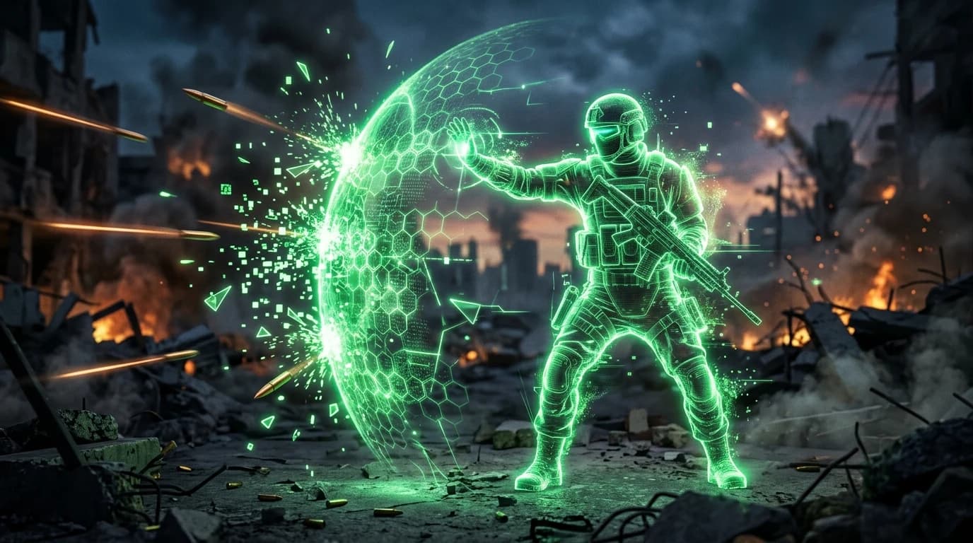 Tactical soldier emitting a glowing green energy deflection barrier, turning bullets to digital sparks