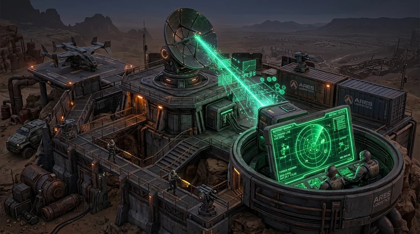 Isometric cyberpunk tactical outpost in Rust environment with satellite dish beaming telemetry data