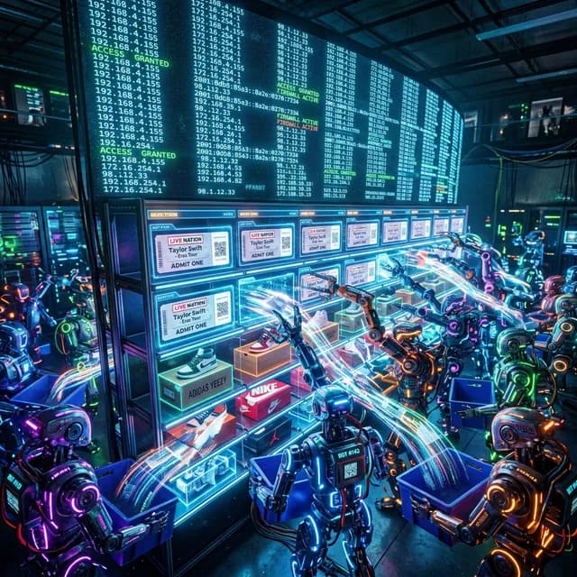 A wall of neon robots rapidly grabbing shoes and tickets surrounded by floating IP addresses