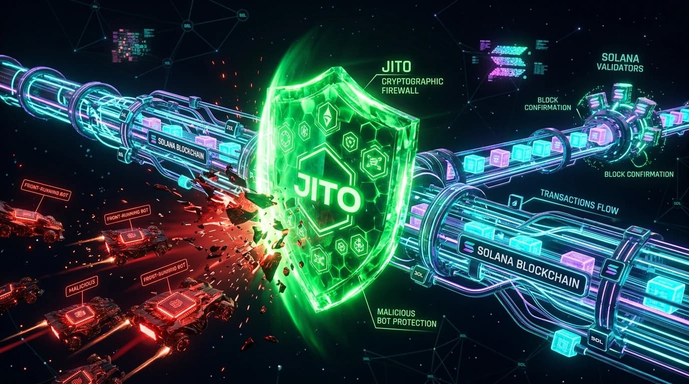 Solana blockchain pipeline with a green cryptographic Jito firewall blocking frontrunning bots