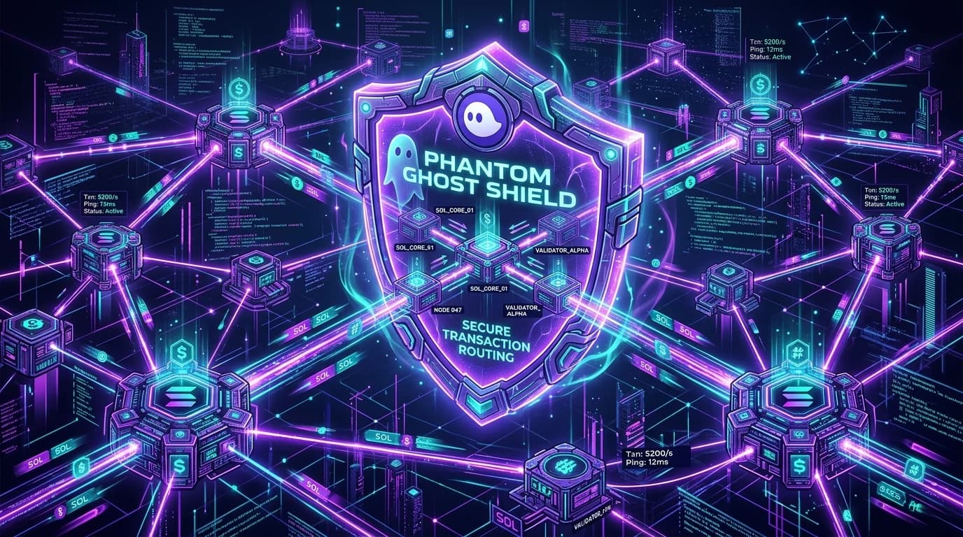 Glowing neon purple and teal Solana blockchain nodes interconnected by high-speed laser conduits