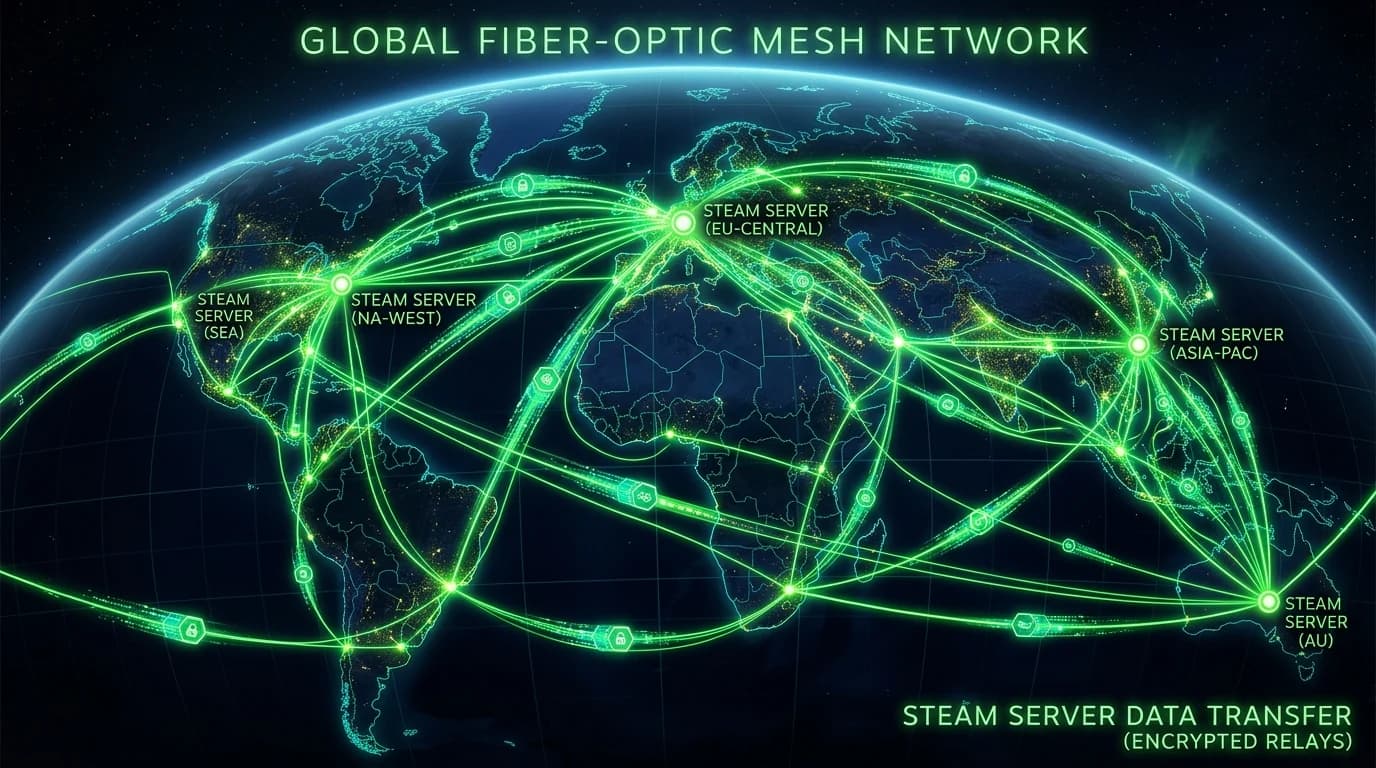 Neon green global fiber-optic mesh network connecting Steam servers with encrypted packet relays