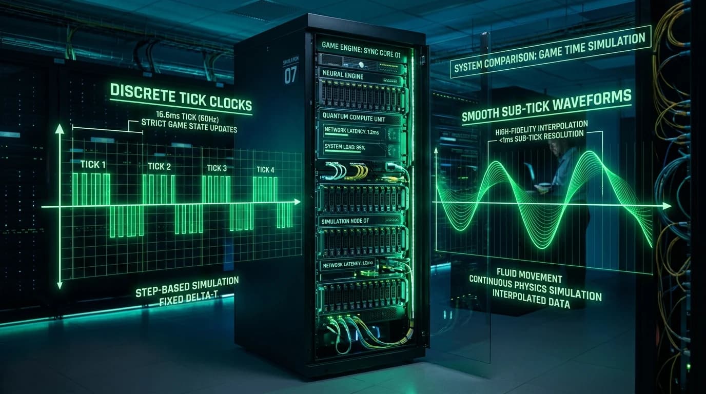 Game engine server rack comparing discrete tick clocks and smooth sub-tick waveforms