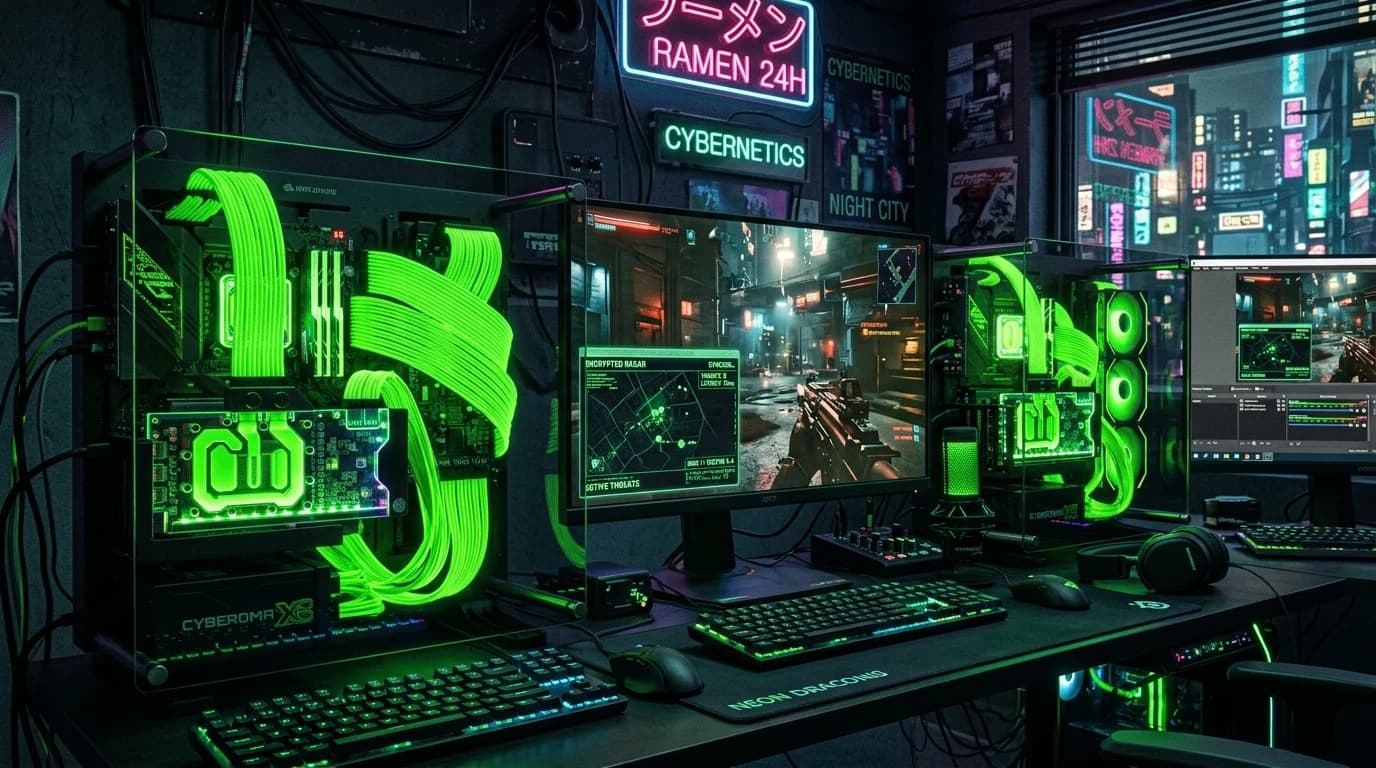 Cyberpunk dual-PC gaming setup with glowing PCIe DMA cards and radar map overlay
