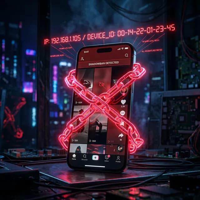 A glowing smartphone displaying a social media feed wrapped in neon red chains representing a shadowban