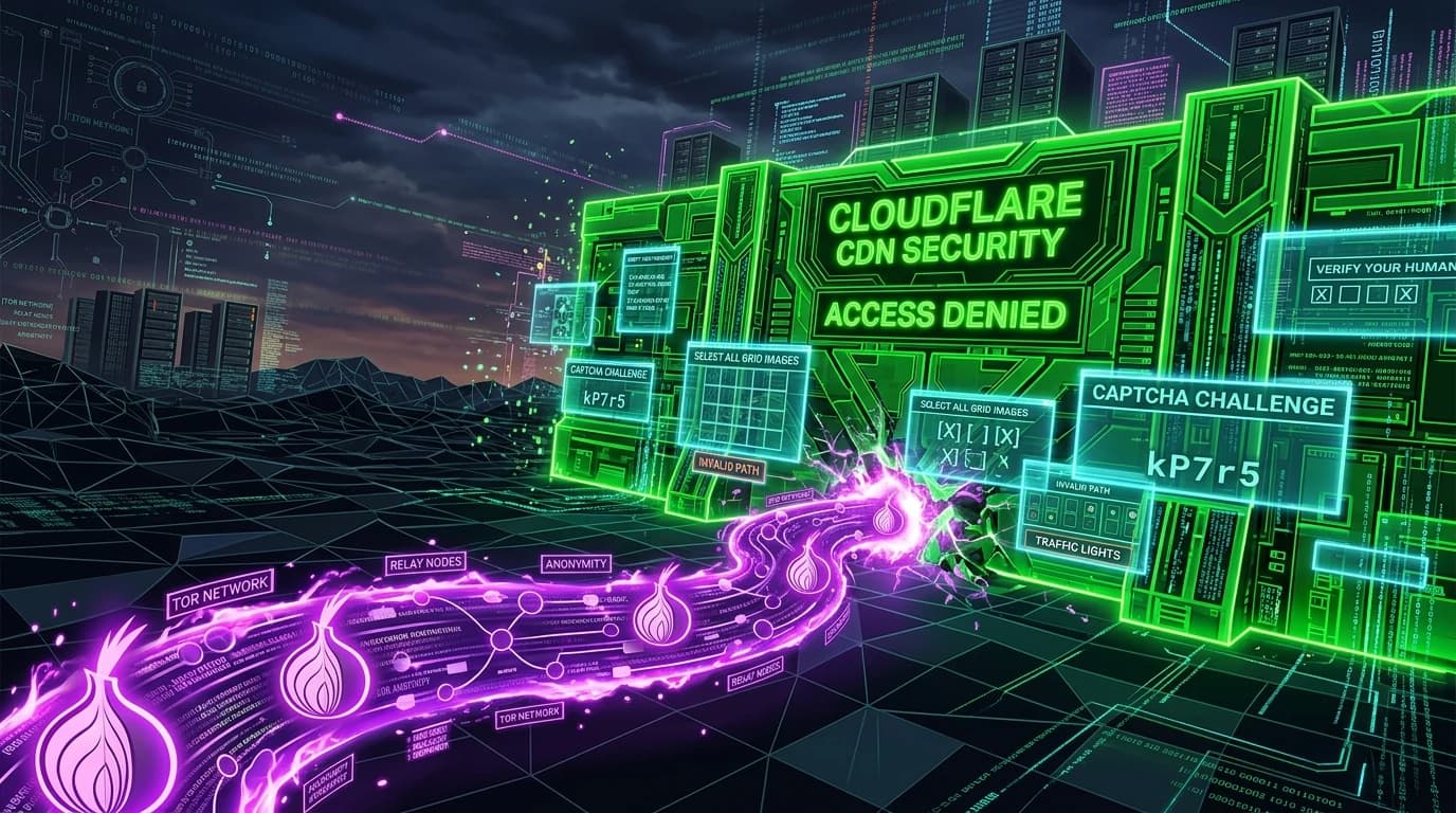Glowing purple Tor onion routing tunnel confronting a towering Cloudflare CDN firewall