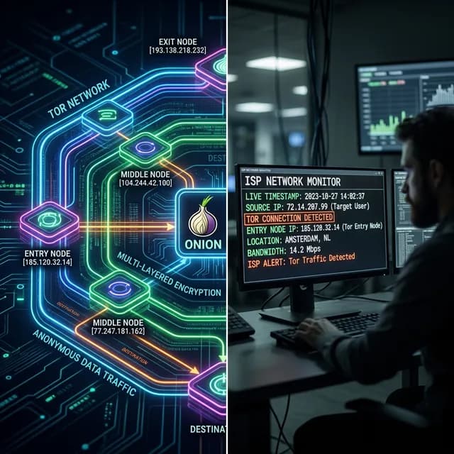 Split view showing secure Tor routing on the left and an ISP employee monitoring flags on the right