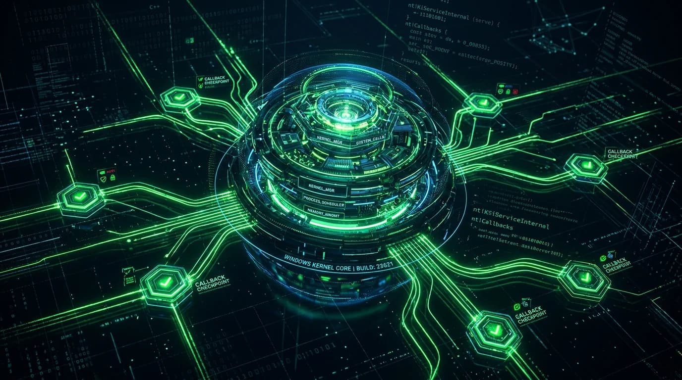 Dark holographic Windows kernel core with glowing thread conduits and security checkpoints