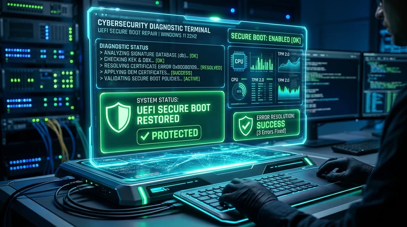 Holographic diagnostic terminal fixing Windows 11 UEFI Secure Boot errors with green badges