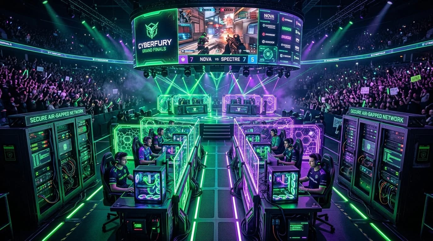 Massive cyberpunk esports tournament stage with air-gapped server racks and network isolation barriers
