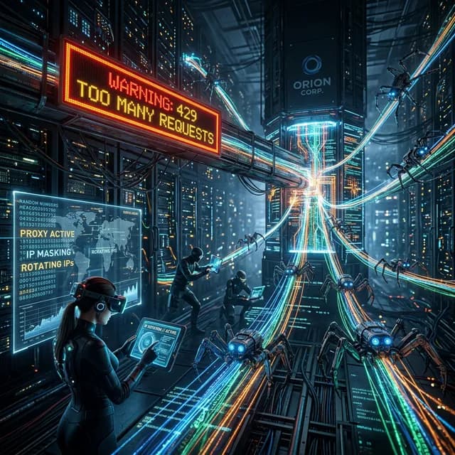 Digital spider robots extracting glowing data from servers while bypassing a glowing 429 warning sign