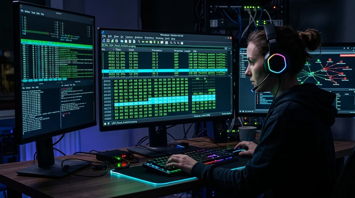 Dark cybersecurity workstation analyzing live Wireshark UDP packet hex streams in neon green